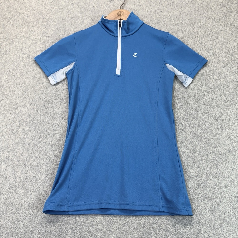 Horze Women's Equestrian Riding Shirt Size 2 Blue Short Sleeve Quarter Zip